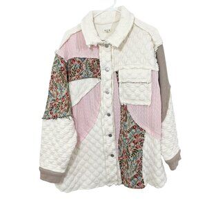POL Cream & Pink Mixed Media Shacket Patchwork Jacket Quilted Boho MEDIUM